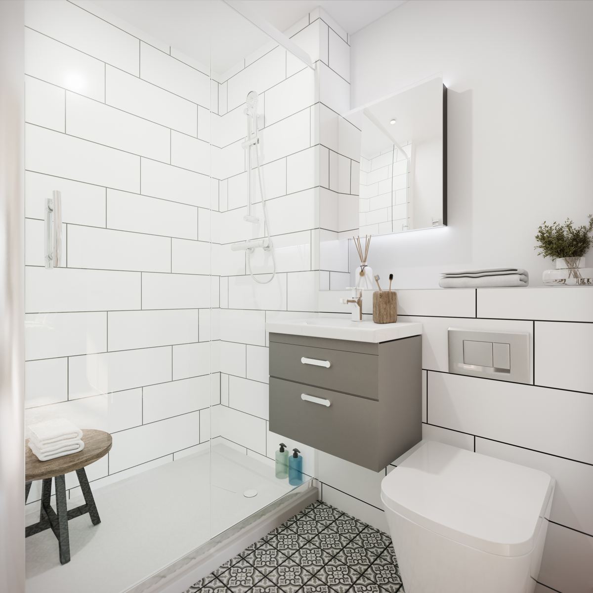 Architectural visualisation of a modern en-suite shower room at 30 The Avenue