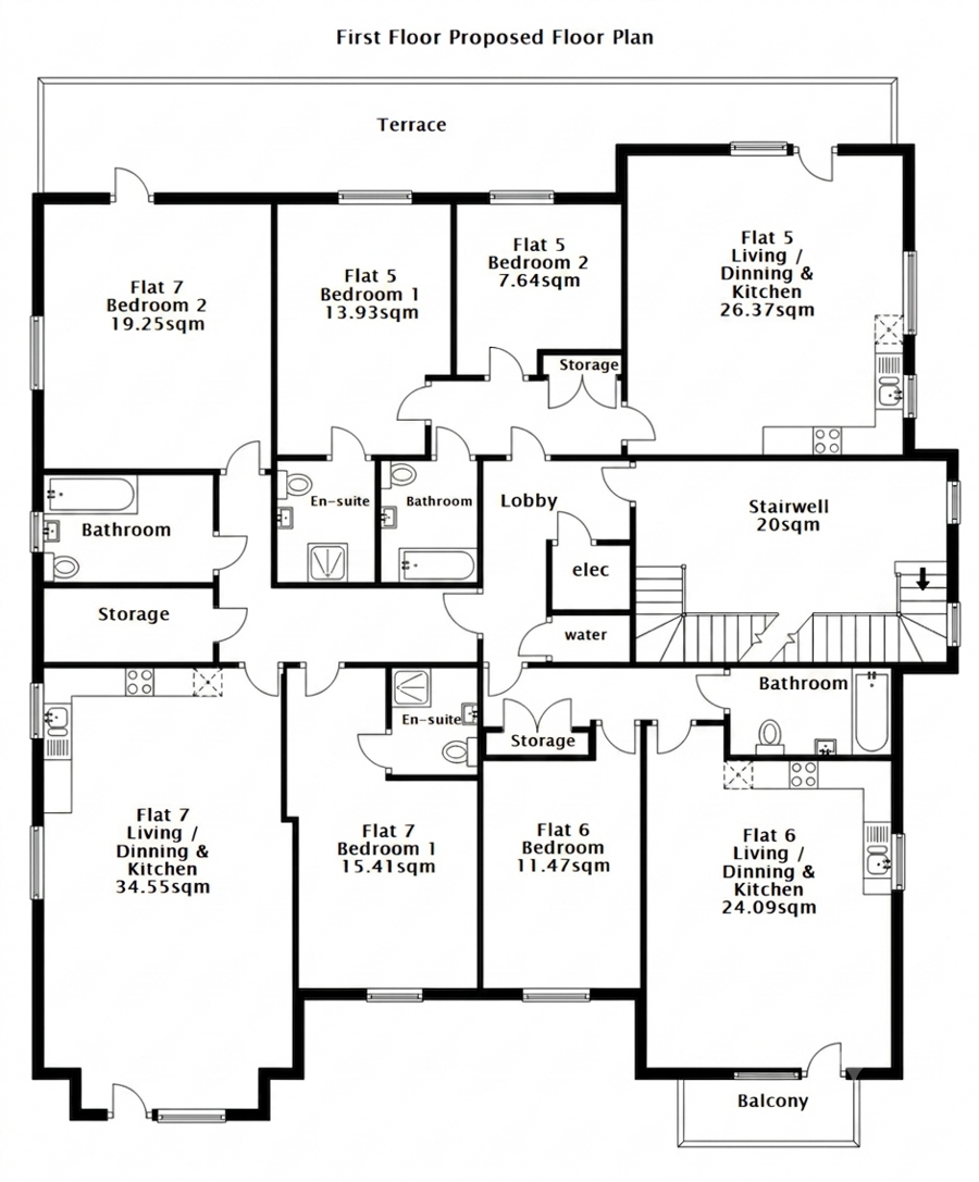 Proposed first floor plan showing Flats 5, 6, and 7 with terrace and balcony access at 30 The Avenue
