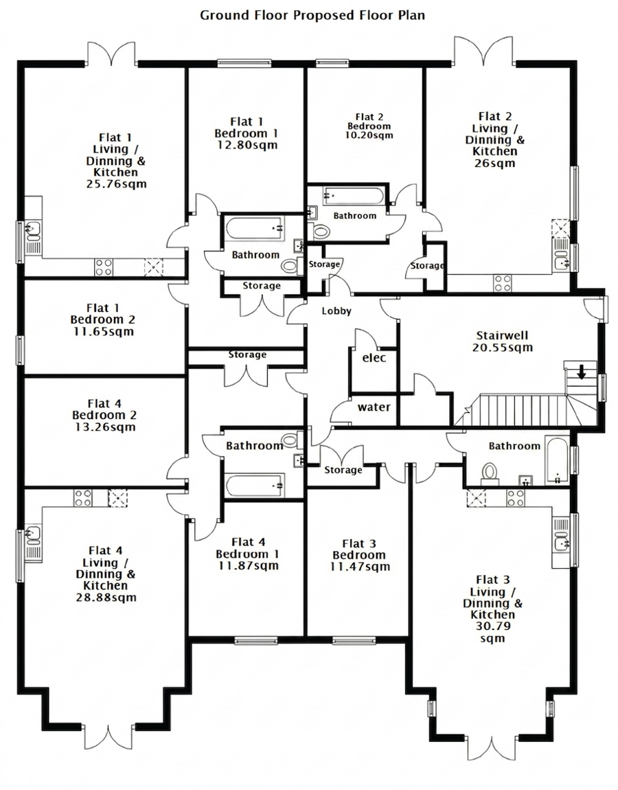 Proposed ground floor plan showing Flats 1, 2, 3, and 4 at 30 The Avenue
