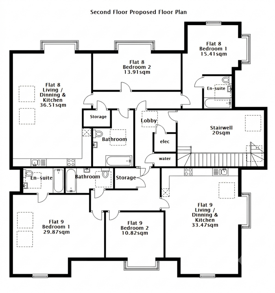 Proposed second floor plan showing Flats 8 and 9 at 30 The Avenue
