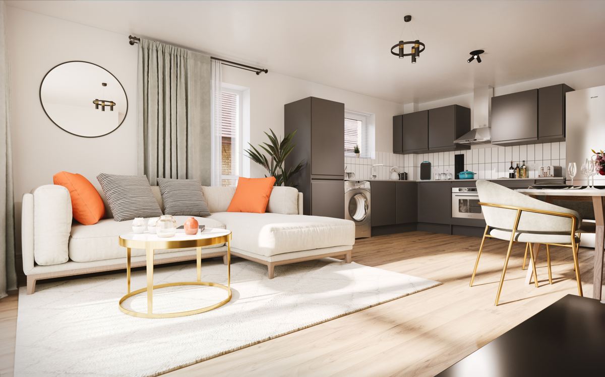 Architectural visualisation of the open-plan living, dining, and kitchen space at 30 The Avenue