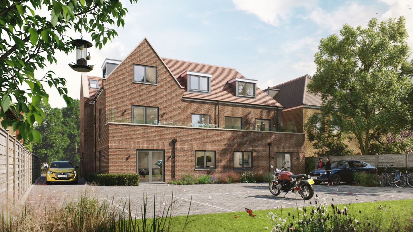 Architectural visualisation of the rear elevation, terrace, parking, and cycle storage at 30 The Avenue